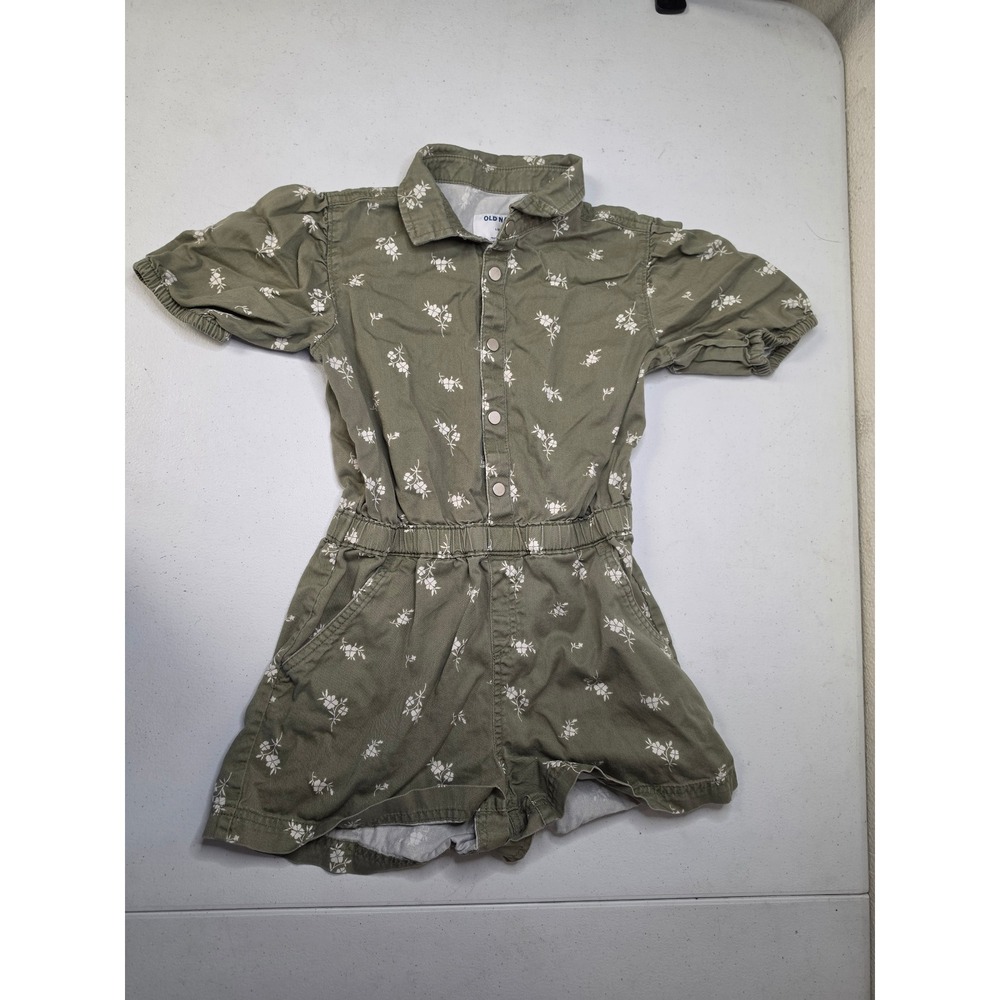 Old Navy Girls Olive Green Floral Snap Front Romper Size L 10-12 Puff Sleeve